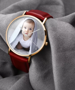 Orologio da donna in oro rosa con foto cinturino in pelle rossa