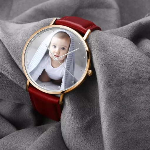 Orologio da donna in oro rosa con foto cinturino in pelle rossa