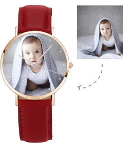 Montre photo en or rose pour femme, bracelet en cuir rouge