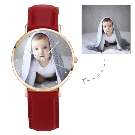 Orologio da donna in oro rosa con foto cinturino in pelle rossa