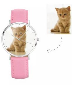 Montre photo pour femme avec bracelet en cuir rose
