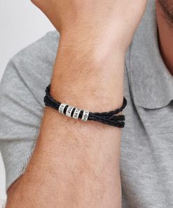 Personalisierte Sterling Silber Männer Braid Black Armband mit kleinen benutzerdefinierten Armbändern