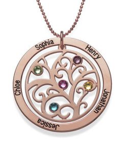 Collar de piedra natal de árbol genealógico con baño de oro rosa