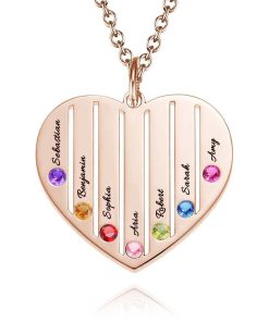 Collar grabado con corazón con piedra de nacimiento personalizada Regalo familiar Chapado en oro rosa