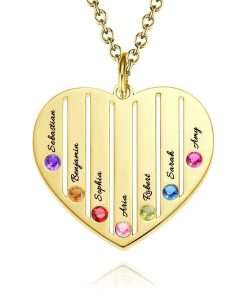 Collier gravé coeur avec cadeau de famille personnalisé Pierre de naissance plaqué or 14K