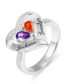 Anillo de corazón con piedra natal grabada para siempre juntos para ella