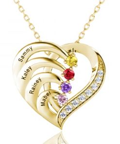 Collar con 2 a 4 piedras de nacimiento de corazón grabado de Forever Love en plata de ley 925