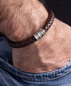 Pulsera personalizada de plata de ley para hombre de cuero grueso de una sola hebra