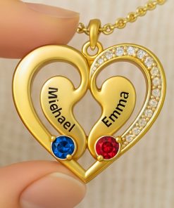 Personalized Heart Pendant Necklace with Engraved Names and Birthstones